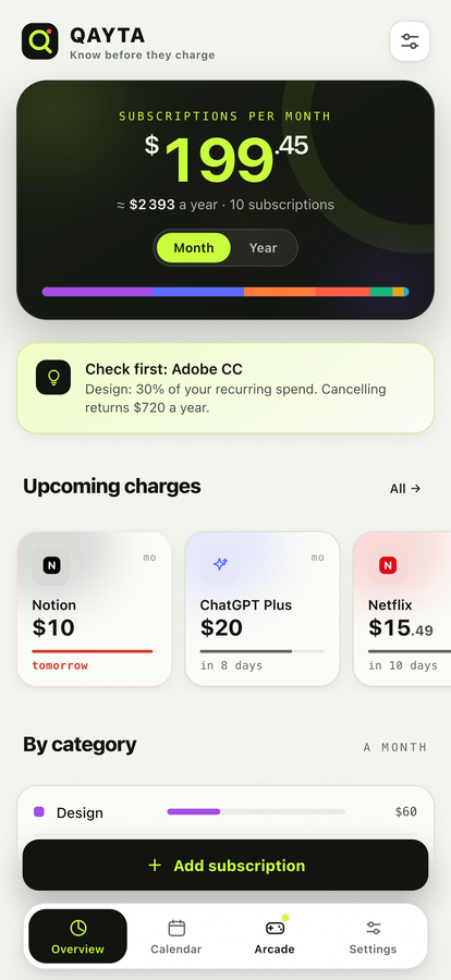 QAYTA overview screen showing the monthly total and upcoming charges