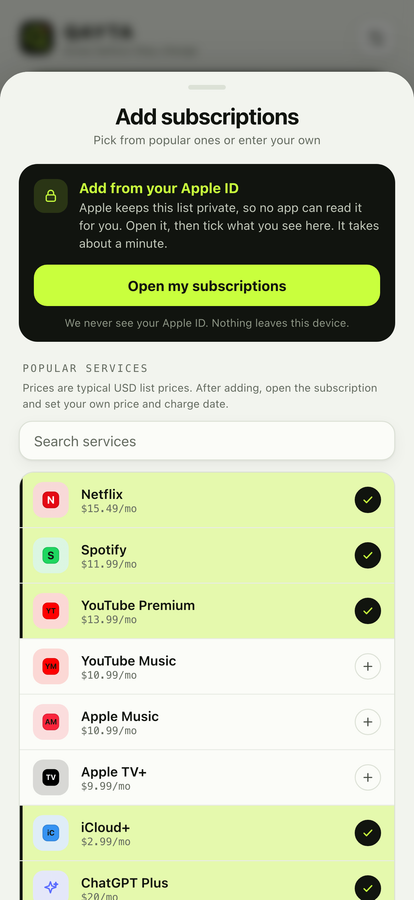 Adding subscriptions from the Apple ID list