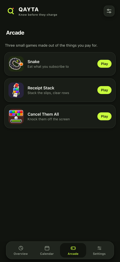 The arcade tab with three games